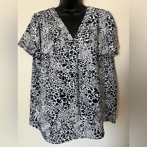 Hilary Radley Navy Blue and White Animal Print Blouse